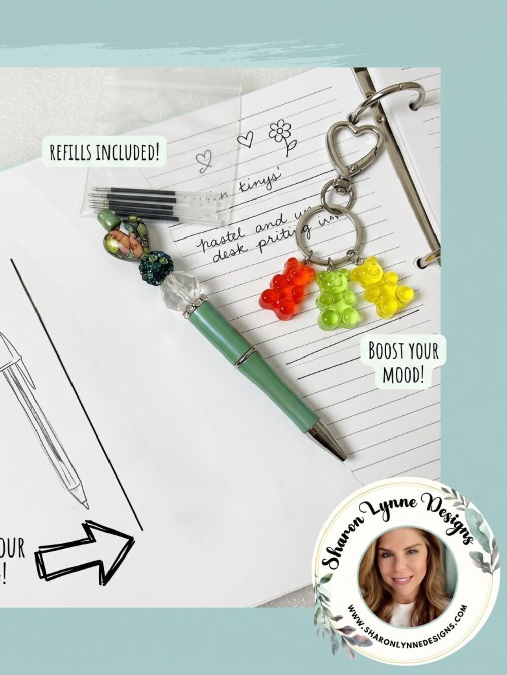 🖊️🐻✨ Cute Pen & Gummy Bear Keychain Set – Kawaii Stationery Gift
